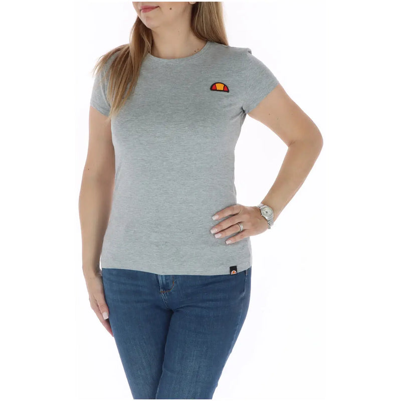 Ellesse women cotton round neck t shirt in gray heather with short sleeves and small embroidered sun logo on left chest
