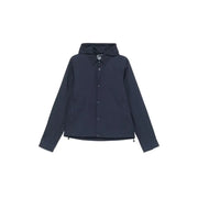 Navy blue hooded jacket with button-down front and zipper details.