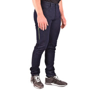 Emporio Armani Herrenjeans aus dunkelblauem Denim mit neongrünem Seitenreißverschluss, Seitenansicht