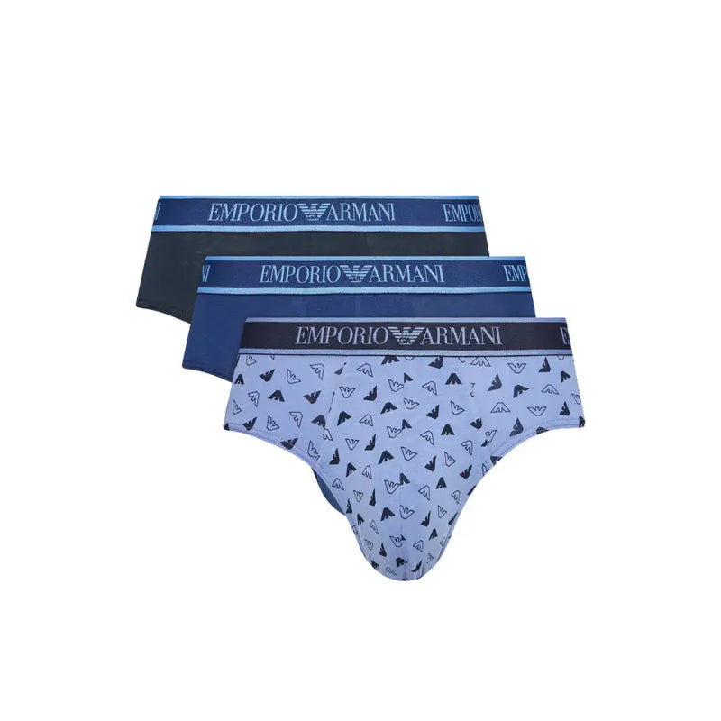 Emporio Armani Light Blue Men Underwear Fall Winter with three pairs of briefs in dark gray, dark blue, and light blue with a pattern