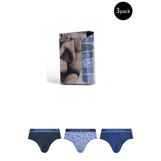Emporio armani light blue men underwear fall winter 3-pack briefs in navy light blue black pattern and dark blue solid