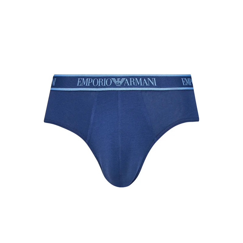 Dark blue emporio armani briefs with a light blue waistband and white logo for men fall winter underwear collection