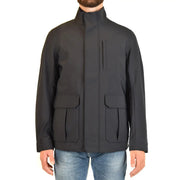 Black sleek modern men’s jacket with high collar and large flap pockets in Emporio Armani blue polyester zip blazer style