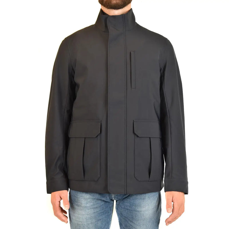 Black sleek modern men’s jacket with high collar and large flap pockets in Emporio Armani blue polyester zip blazer style