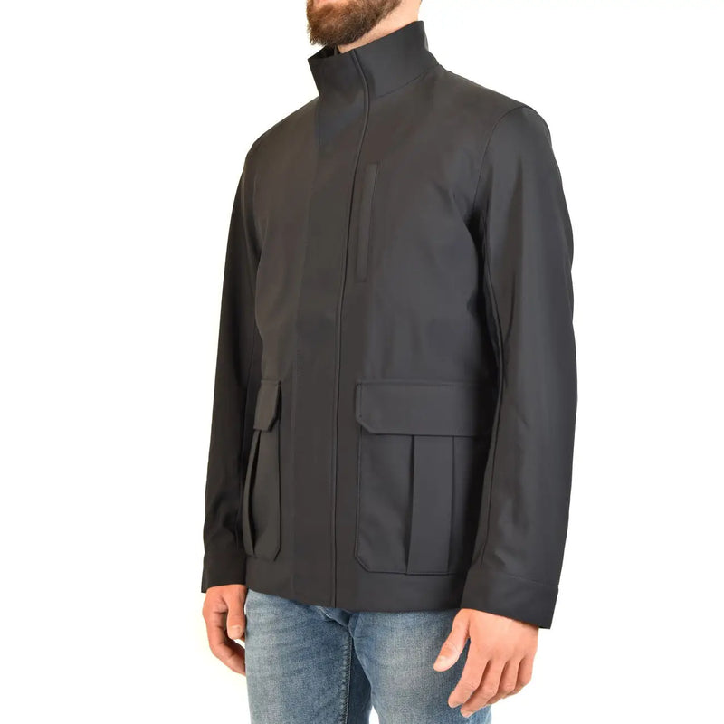 Black high-collar jacket with two front flap pockets and central zipper made of polyester by Emporio Armani