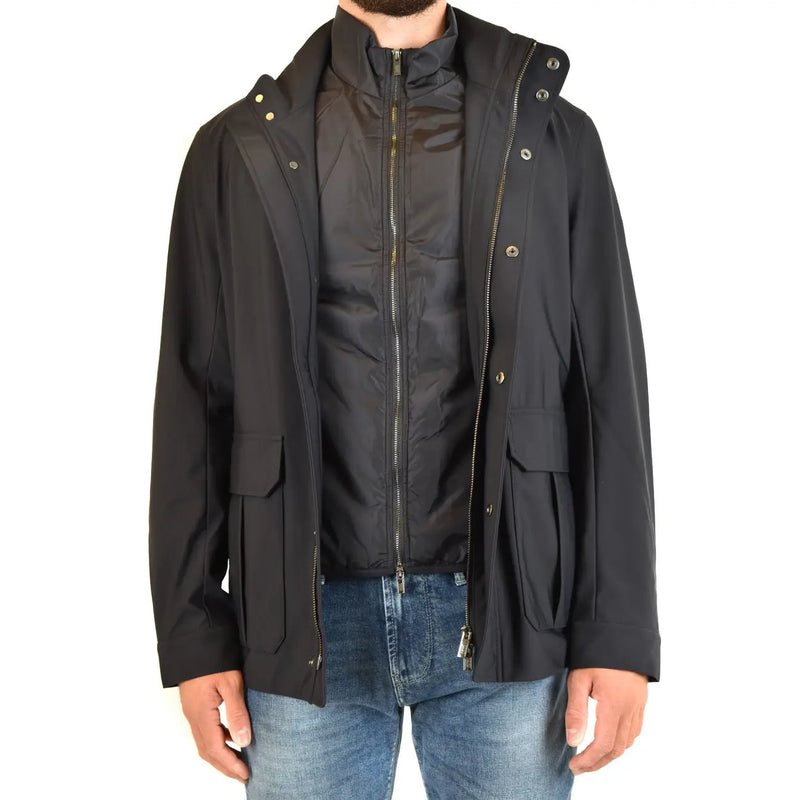 Emporio Armani men blue polyester zip blazer with black hooded jacket featuring gold-tone zipper and button accents
