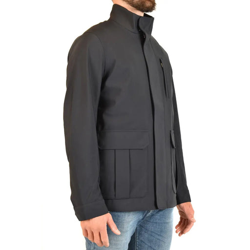 Emporio Armani Herren-Utility-Jacke aus blauem Polyester mit hohem Kragen, Reißverschluss und zwei großen aufgesetzten Vordertaschen