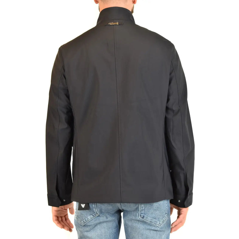Black tailored jacket with high collar and subtle stitching details in emporio armani men blue polyester zip blazer