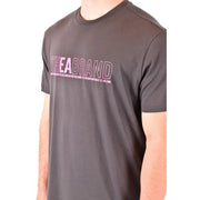 Emporio Armani men grey cotton t shirt with bold pink and white the brand graphic and smaller text below