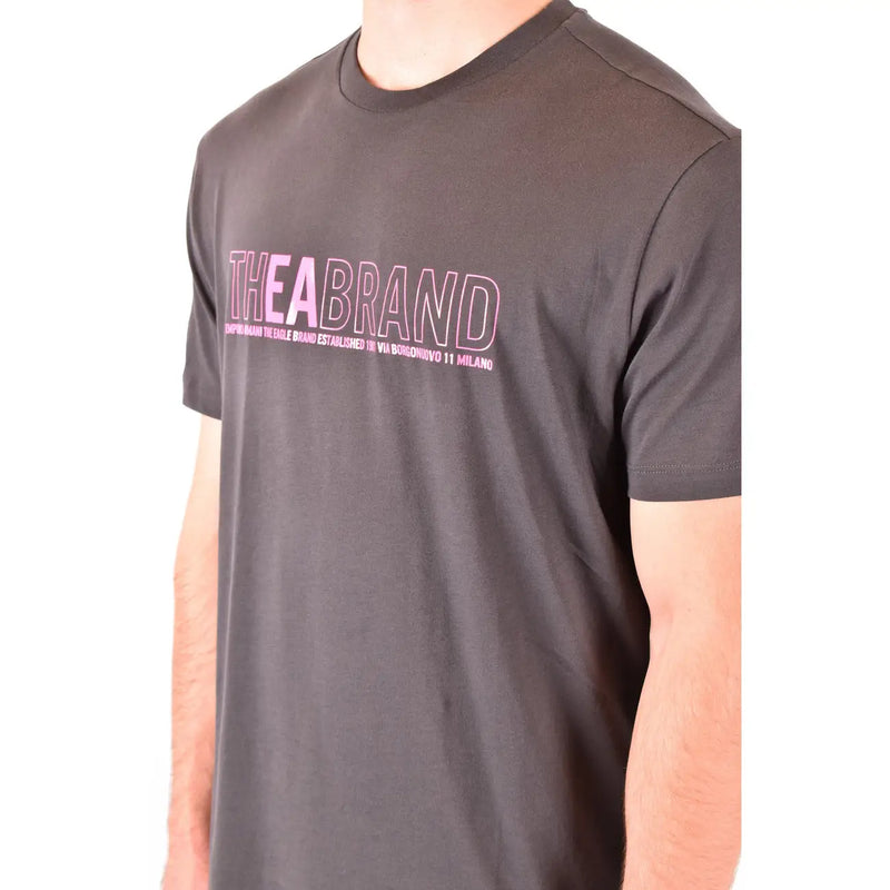 Emporio Armani men grey cotton t shirt with bold pink and white the brand graphic and smaller text below