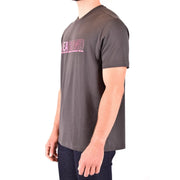 Emporio Armani men grey cotton t shirt with a dark gray color and pink outlined kea brand logo across the chest