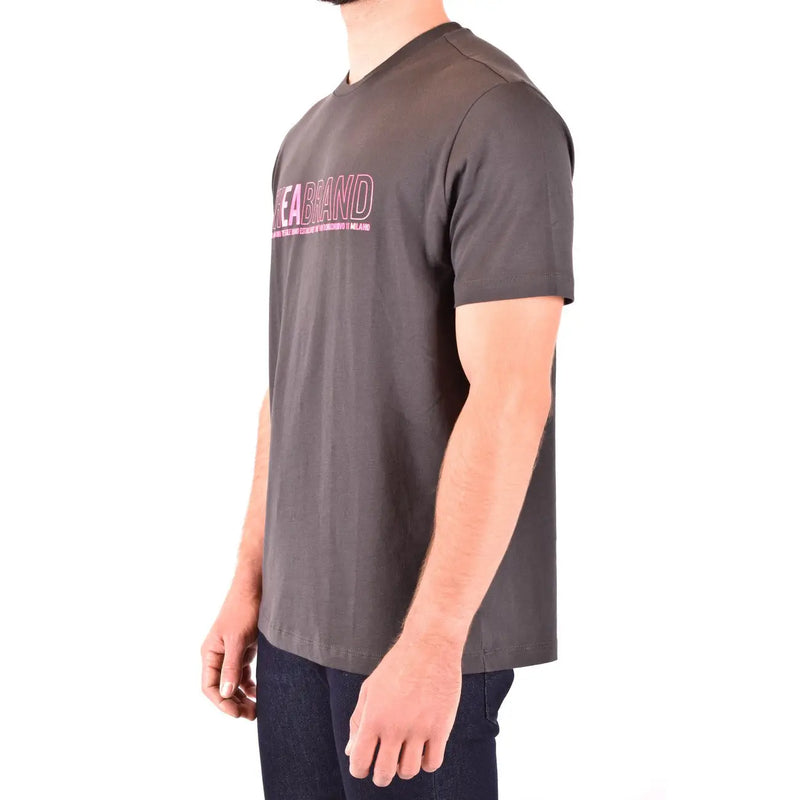 Emporio Armani men grey cotton t shirt with a dark gray color and pink outlined kea brand logo across the chest