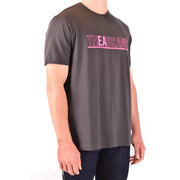 Emporio Armani men grey cotton t shirt featuring bold pink the brand lettering on the front chest area