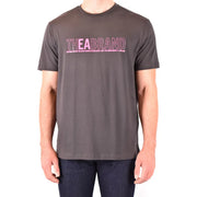 Emporio Armani men grey cotton t shirt with dark gray short sleeves and bold pink the brand graphic on front