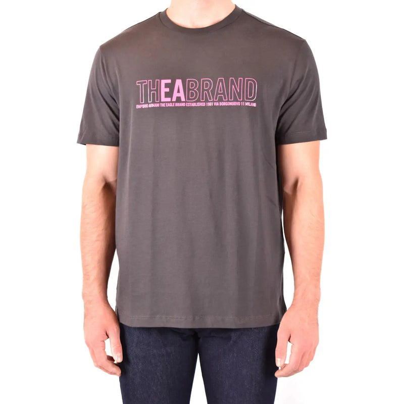 Emporio Armani men grey cotton t shirt with dark gray short sleeves and bold pink the brand graphic on front
