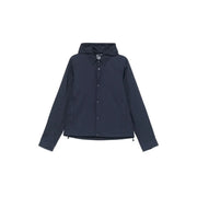 Emporio Armani men jacket in dark navy with a zip front polyamide construction and textured sleeve panels for spring summer