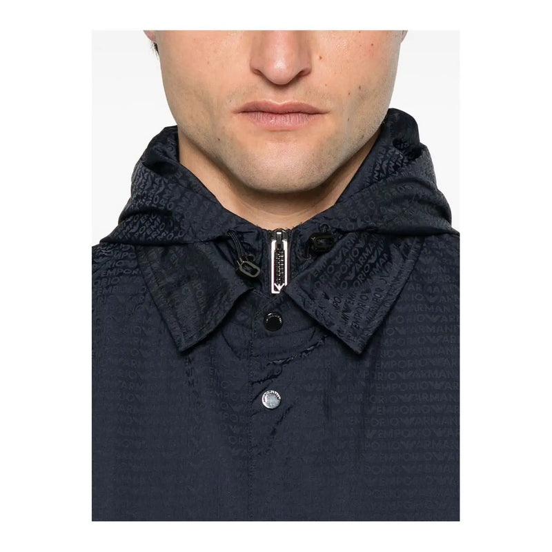 Dark navy Emporio Armani men jacket with subtle repeating logo pattern zip front polyamide spring summer design