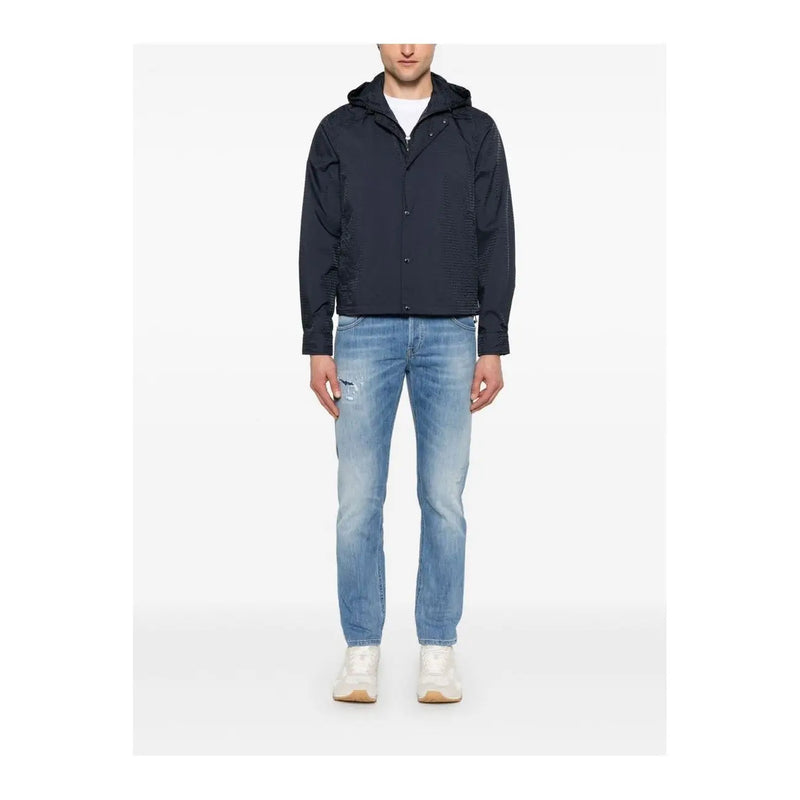 Navy blue Emporio Armani men jacket with subtle textured pattern button front polyamide spring summer wear