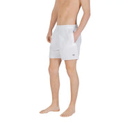 Weiße Herren-Badeshorts aus Polyester mit Spitze, Kordelzugbund und Logo am linken Bein von Emporio Armani.