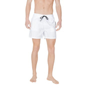 Weiße Herren-Badehose von Emporio Armani aus Polyamid mit schwarzem Kordelzug und dezentem seitlichem Logo