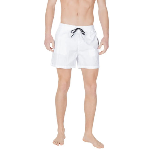 White Emporio Armani men swimwear polyamide trunks with black drawstring and subtle side branding