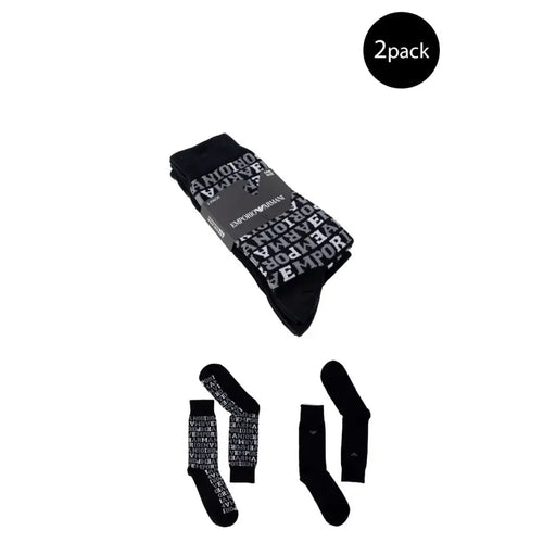 Emporio Armani men’s black socks 2-pack with repeating white emporio armani logo fall winter collection