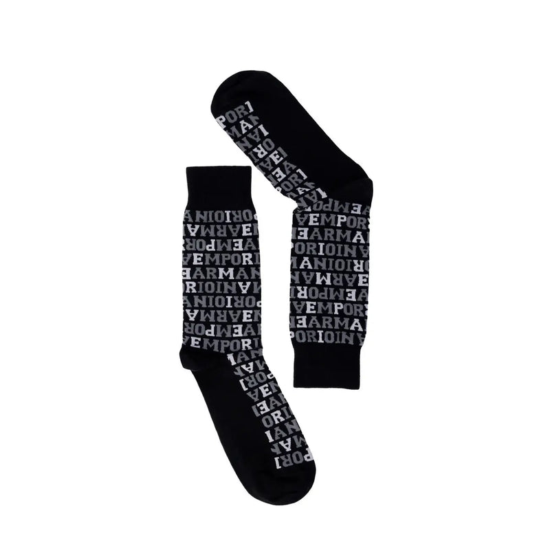 Emporio Armani men’s black socks with repeating gray Emporio Armani text pattern from fall winter collection