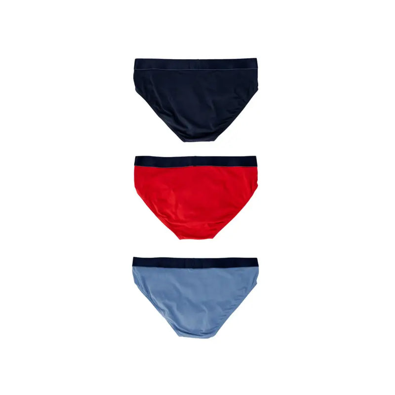 Emporio armani men’s blue print underwear featuring three matching navy red and light blue briefs with black elastic waistbands