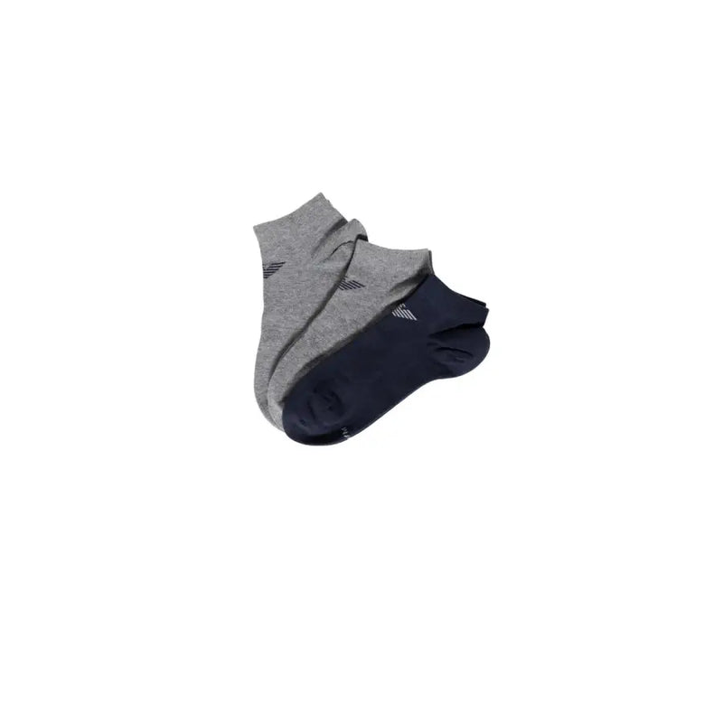 A pair of Emporio Armani men’s low-cut socks in heather gray and navy blue with a subtle embroidered logo on the ankle