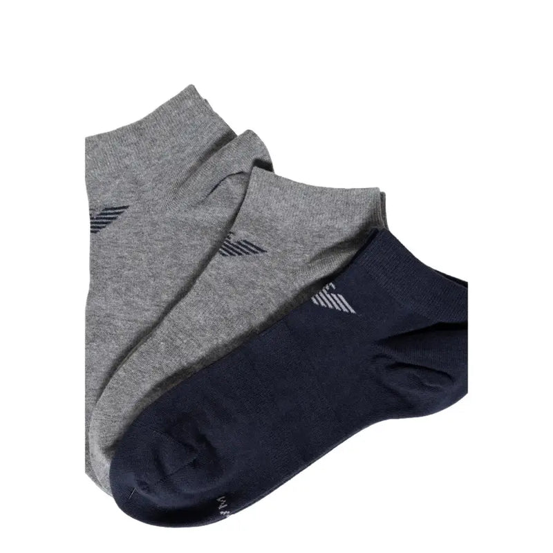 A pair of heather gray and navy blue Emporio Armani underwear ankle socks with a subtle side logo