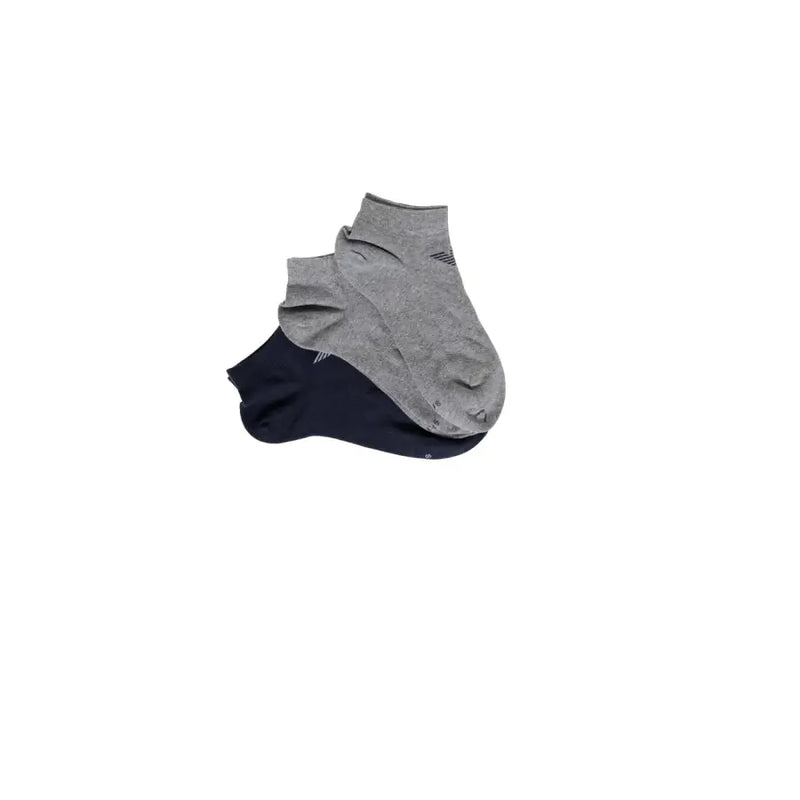 A pair of heather gray and navy blue ankle socks with subtle logo from Emporio Armani underwear men collection