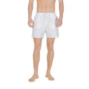 Emporio Armani men swimwear white lace polyester shorts with drawstring waistband and subtle logo on the lower right leg