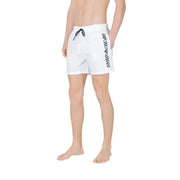 Men’s white swim shorts with black drawstring and vertical logo for Emporio Armani