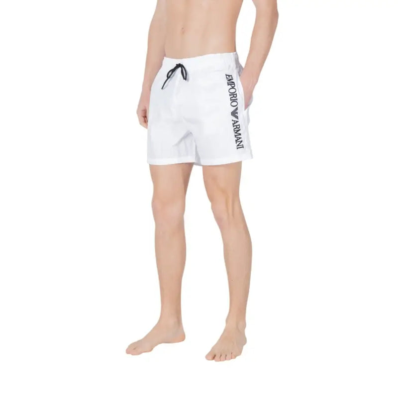 Men’s white swim shorts with black drawstring and vertical logo for Emporio Armani