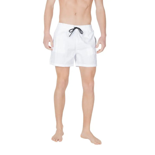 Men’s white swim shorts with black drawstring from Emporio Armani featuring lace and pocket