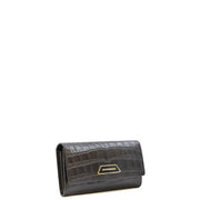 Emporio Armani women leather wallet black with black crocodile embossing and gold-tone logo plaque with buttons