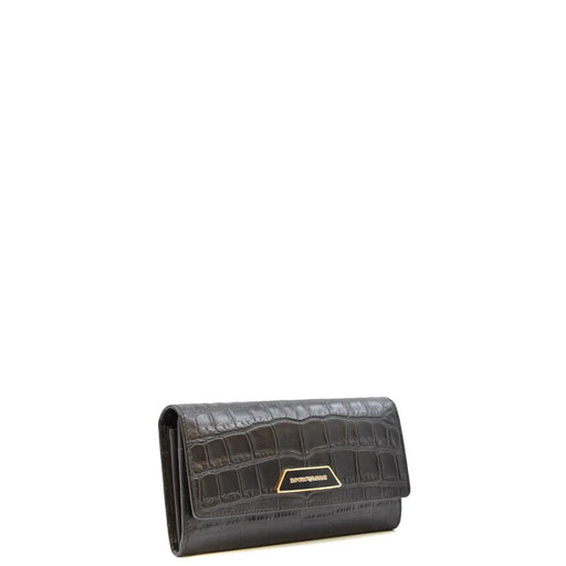 Emporio Armani women leather wallet black with black crocodile embossing and gold-tone logo plaque with buttons