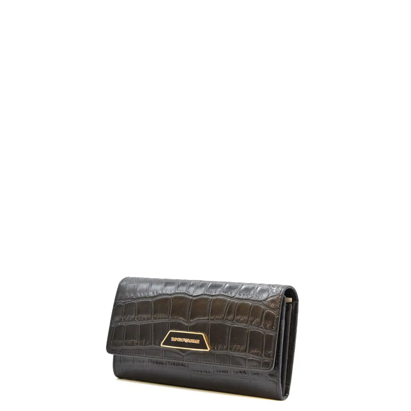 Emporio Armani women leather wallet black with buttons dark green crocodile-textured leather and gold-tone logo plaque