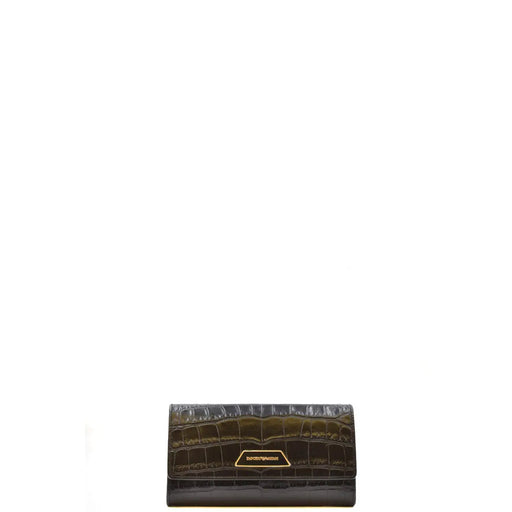 Emporio Armani women leather wallet black with buttons featuring dark green crocodile-embossed texture and gold-tone logo plaque