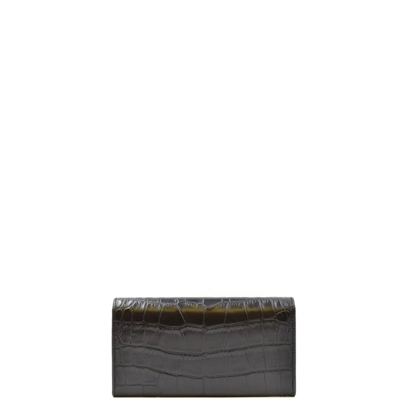 Emporio Armani women leather wallet in dark green crocodile-embossed leather with buttons for secure closure