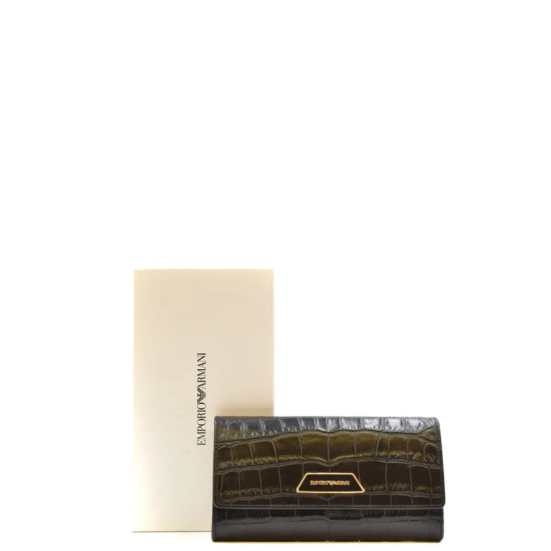 Dark green crocodile-embossed leather Emporio Armani wallet with gold-tone logo plaque for women with buttons