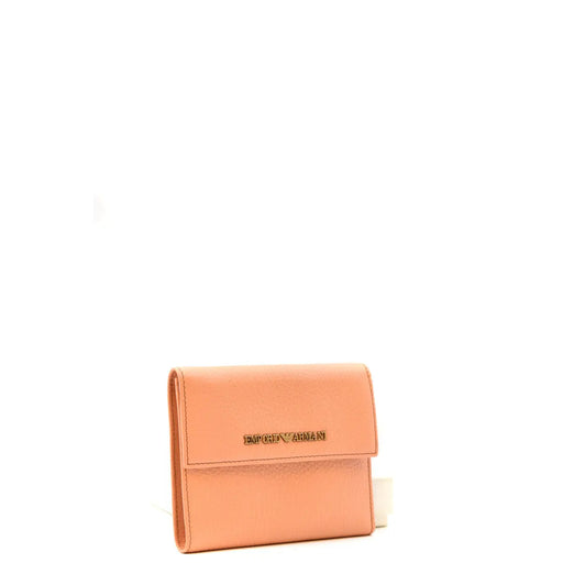 A peach-colored coral leather wallet for women by Emporio Armani with a gold-tone logo plaque on the front flap