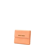 Peach-colored leather tri-fold wallet with gold-tone Emporio Armani logo plaque and multiple pockets