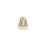 Emu Australia women leather slippers in beige suede with white rubber sole and decorative stitching along the collar