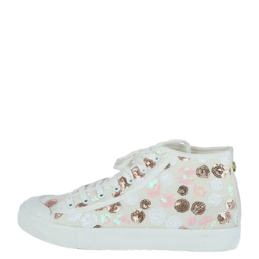White high-top sneaker from Enrico Coveri women spring summer collection with rose gold and pink sequined floral patterns
