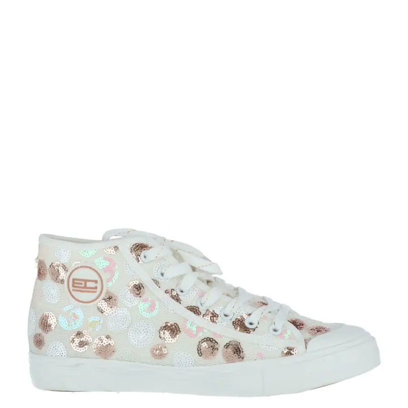 White high-top Enrico Coveri women sneakers with rose gold and iridescent sequin patterns spring summer collection