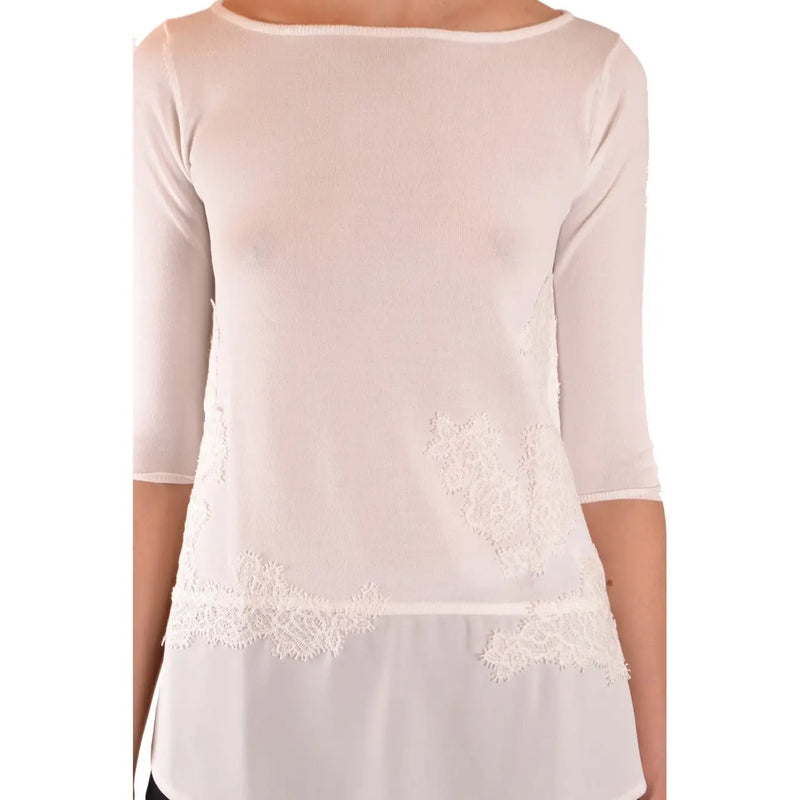 Ermanno women beige knitwear viscose blend top with off-white sheer fabric and intricate white lace detailing on sides and hem
