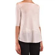 Ermanno women beige knitwear viscose blend top featuring a delicate off-white sheer blouse with lace sides and three-quarter sleeves