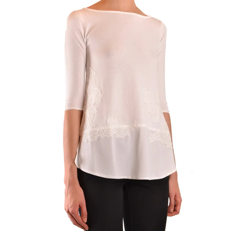Ermanno women beige knitwear viscose blend top featuring a delicate off-white sheer blouse with lace sides and three-quarter sleeves