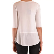 Ermanno women beige knitwear viscose blend top featuring a soft off-white sheer blouse with three-quarter sleeves and ruffled hemline